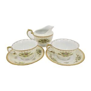 Meito Jewel Floral & Gold Pattern Set Of 2 Cups & Saucers & Creamer Japan